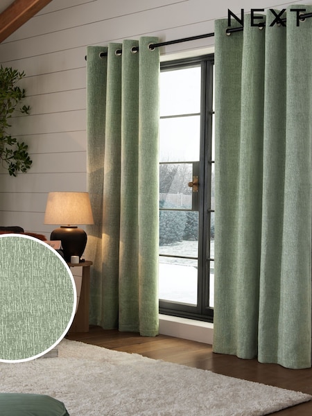 Green Sage Heavyweight Chenille Eyelet Lined Curtains (301033) | R$ 590 - R$ 1,715