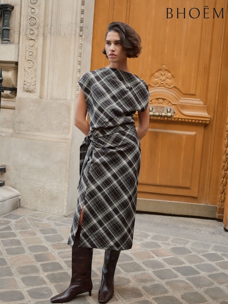 Grey/Black - Plaid Check Draped Midi Sleeveless Dress With Side Knot Detail