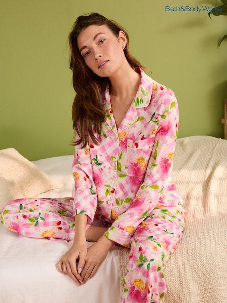 Bath & Body Works Pink Ginghan and Floral Print Woven Button Through Pyjamas (301757) | €37