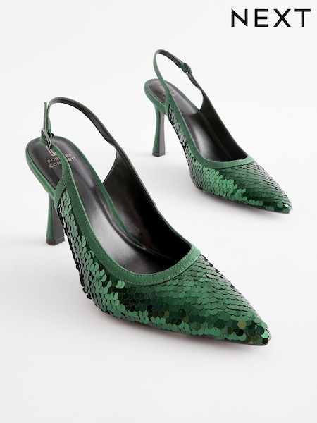 Green Forever Comfort Sequin Point Toe Slingback Heels (301971) | € 12