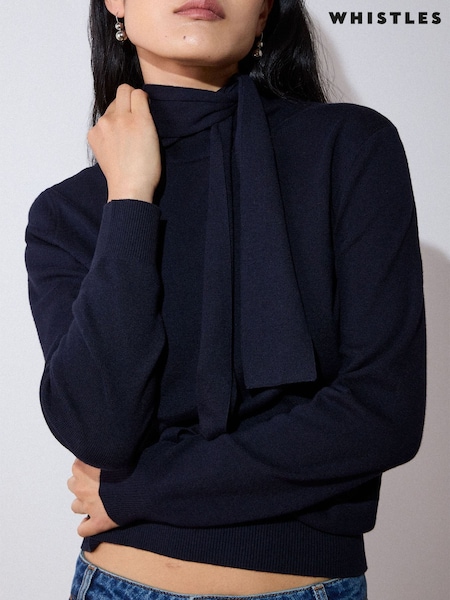Blue - Whistles Tie Neck Detail Knitted Jumper