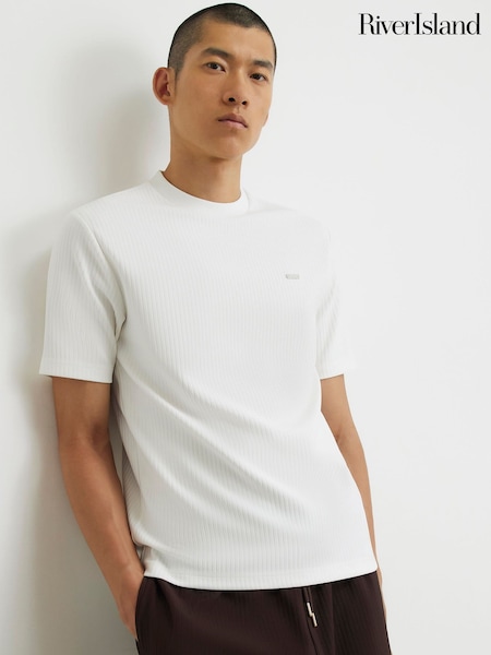أبيض - Regular River Island Slim Fit Vertical Stripe Ottoman T-shirt