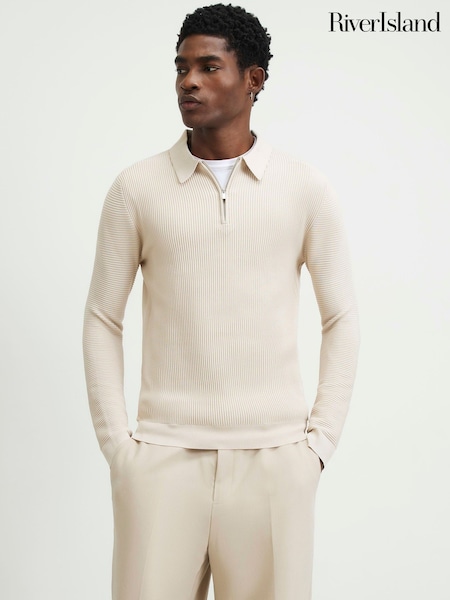 Cream - Regular River Island Muscle Fit Polo Shirt