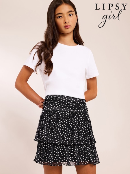 Black/White - Lipsy Polka Dot Tiered Mesh Skirt (7-16yrs)