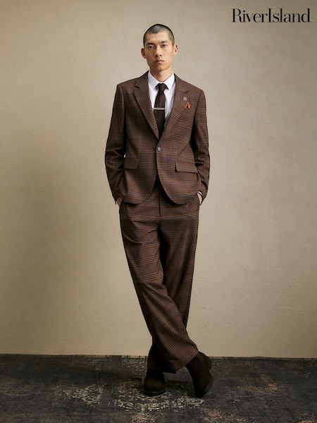 Brown - Regular River Island Wide Leg Check Suit Trousers