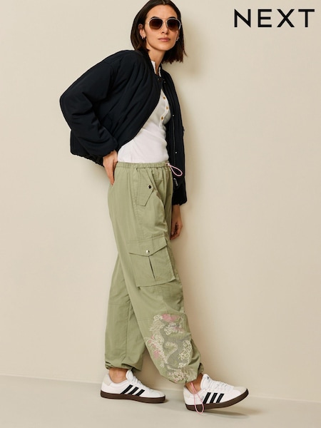 Sage Green Embroidered Parachute Pull On Cargo Trousers (302450) | €15