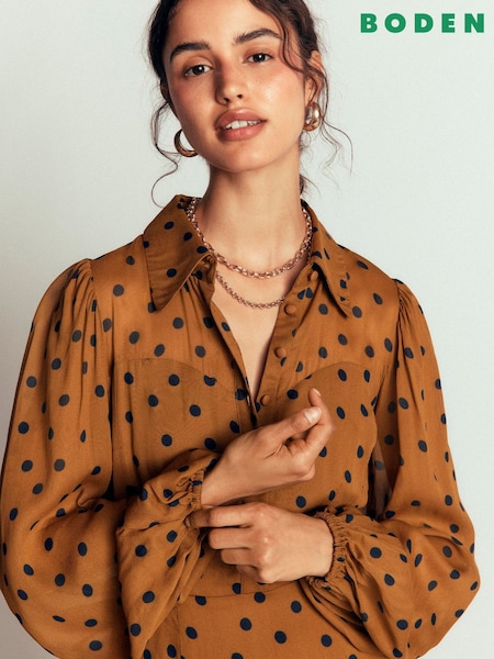 Brown - Boden Sheer Yoke Spot Shirt Dress