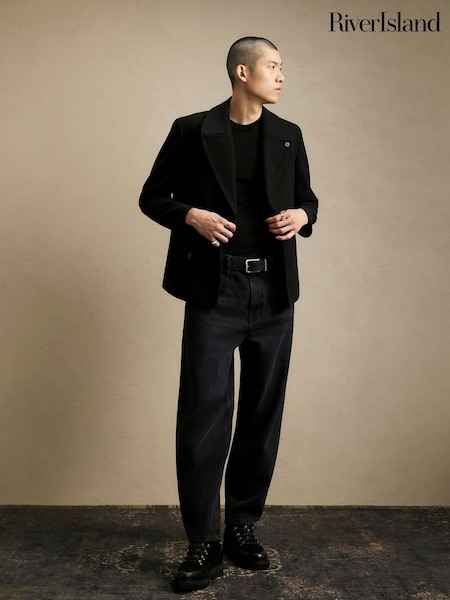 Black - Regular River Island Asymmetric Single Breasted Peacoat