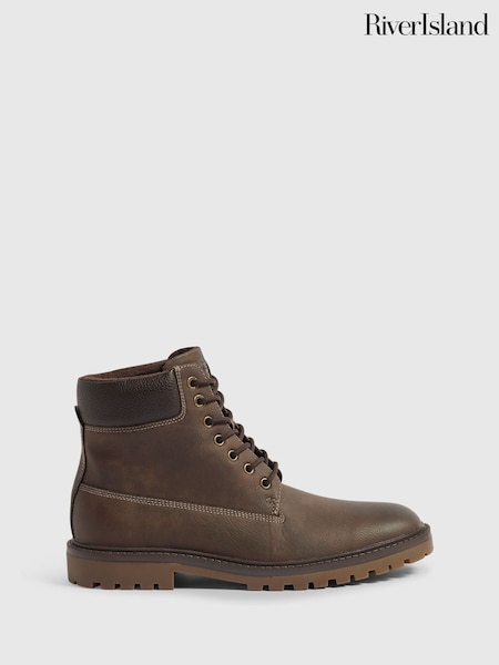 Brown - Regular River Island Padded Collar Lace Up Boots