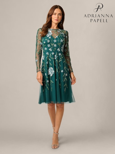 Green - Adrianna Papell Bead Mesh Midi Dress