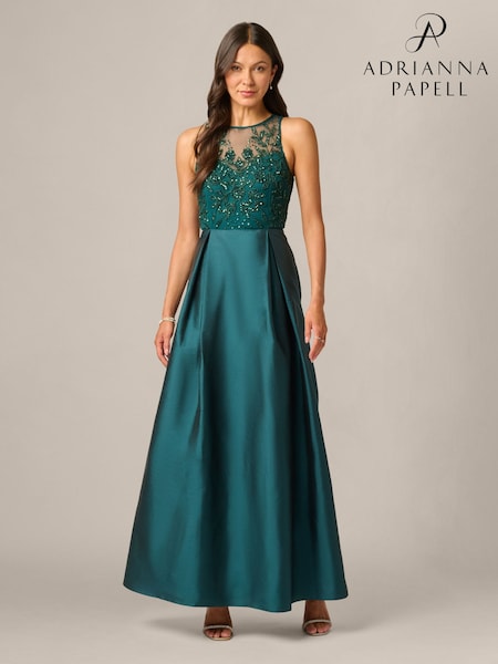 Green - Adrianna Papell Studio Bead Combo Taffeta Long Dress