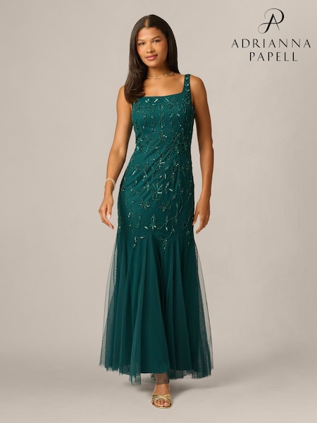 Green - Adrianna Papell Studio Bead Mesh Long Dress