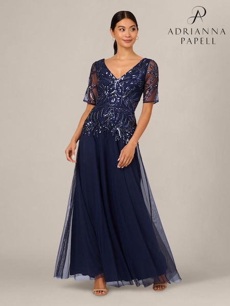 Blauw - Adrianna Papell Studio Lange Jurk van Gaas met Kralen