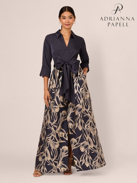 Blue - Adrianna Papell Studio Shirt Jacquard Long Dress