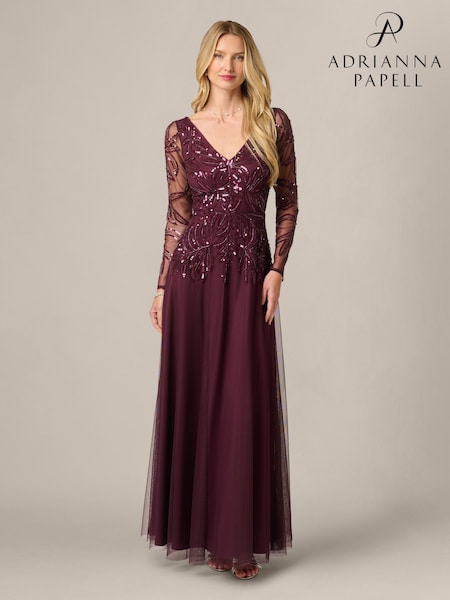 Purple - Adrianna Papell Studio Beaded V-neck Long Dress