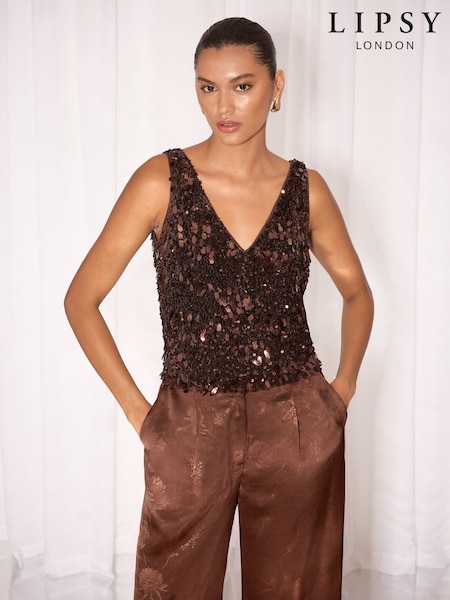 Chocolate Brown - Lipsy Sequin V-neck Vest