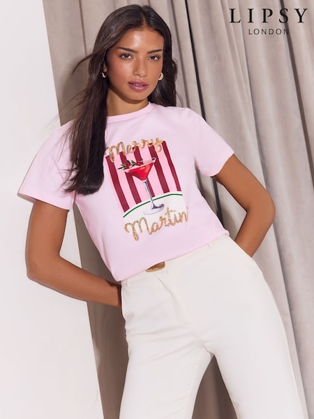 Pink Merry Martini - Lipsy Christmas Embellished Crew Neck T-shirt