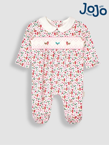 JoJo Maman Bébé Cream Robin Print Smocked Christmas Sleepsuit (305041) | 124 QAR
