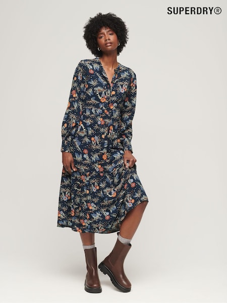 Superdry Blue Long Sleeve Tiered Midi Dress (305554) | €20