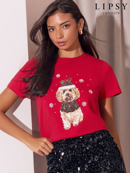 Red Cockapoo - Lipsy Christmas Embellished Crew Neck T-shirt