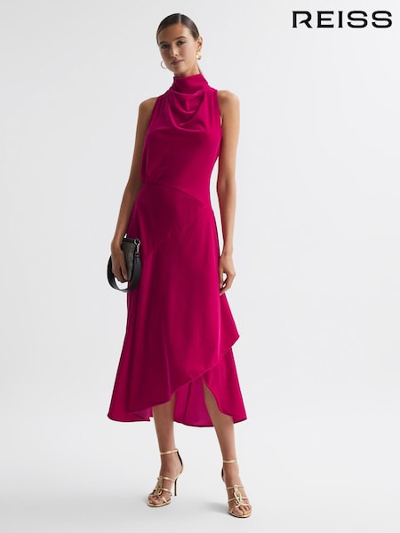 Reiss Giannon Velvet Funnel Neck Asymmetric Midi Dress (305755) | 418 €