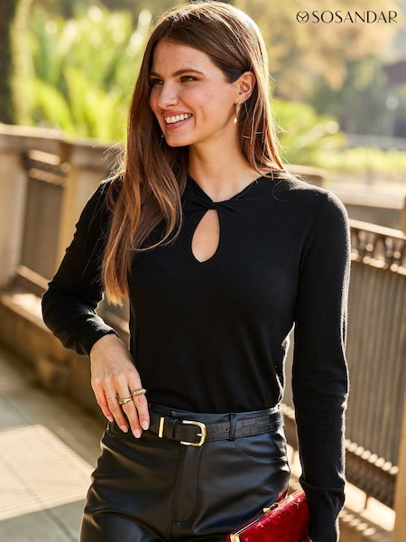 Sosandar Black Twist Detail Notch Neck Jumper (306522) | AED142