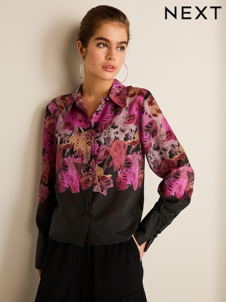 Negru Floral/Purpuriu - Cămașă cu aplicații transparente Imprimeuri Mânecă lungă (306606) | 177 LEI