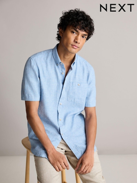 Blue Standard Collar Cotton Linen Blend Short Sleeve Shirt (306628) | €15