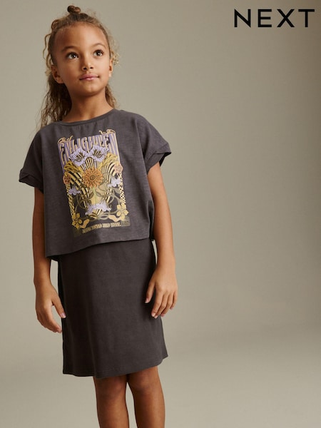 Oglja siva retro rožast vzorec grafika - 2-in-1 Rib Dress And T-Shirt (3-16yrs) (306741) | € 10 - € 15