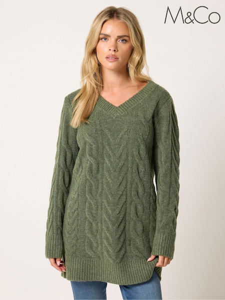 Green - M&co Petite V-neck Cable Knit Tunic Jumper