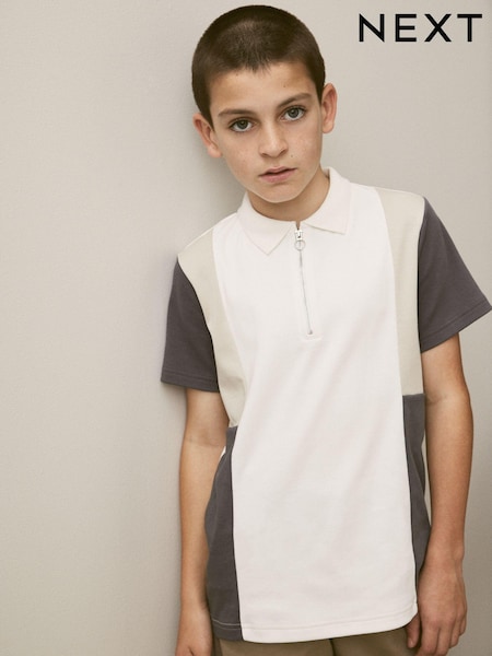 Bela/siva - Colourblock Short Sleeve 100% Cotton Polo Shirt (3-16yrs) (306967) | € 8 - € 12
