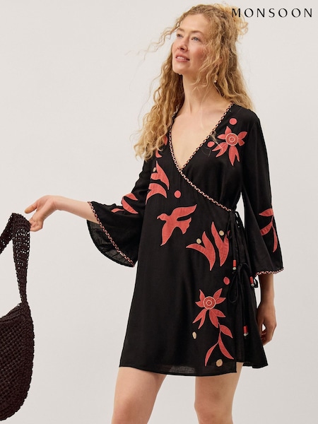 Black - Monsoon Zora Embroidered Mini Wrap Dress