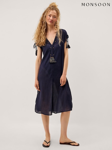 Көк - Monsoon Mia Tassel Stripe Midi Kaftan