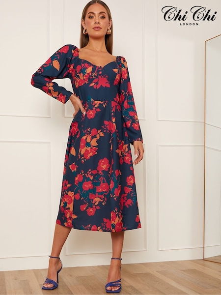 Chi Chi London Blue Long Sleeve Floral Midi Dress (308714) | €41.50