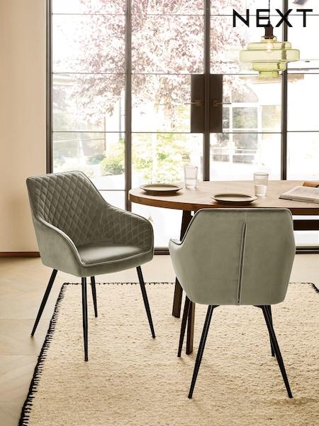 Set of 2 Soft Velvet Dark Sage Green Hamilton Black Leg Quilted Dining Chairs (308823) | €380