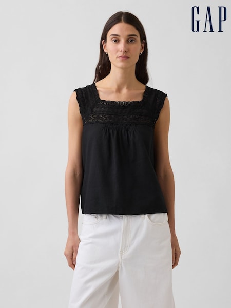 Black - Gap Linen-blend Crochet Square-neck Top