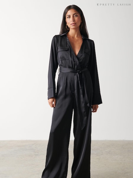 Pretty Lavish Black Carmen Satin Jumpsuit (309166) | €39