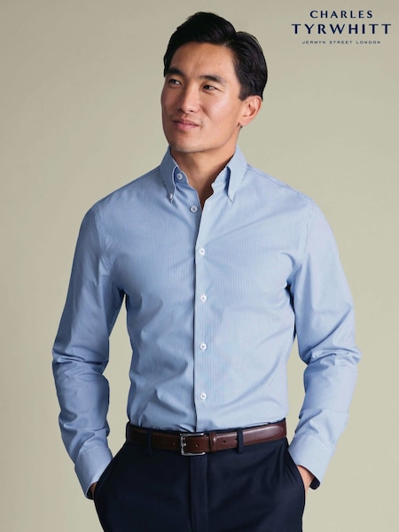 Blue - Regular Charles Tyrwhitt Stripe Non-iron Stretch Pinpoint Oxford Button Down Slim Fit Shirt