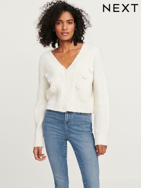 Ecru White Cable Detail Flower Cardigan (310505) | €30.50