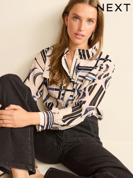 Ecru Cream Geo Check Zip Front Utility Pocket Blouse (311033) | €8