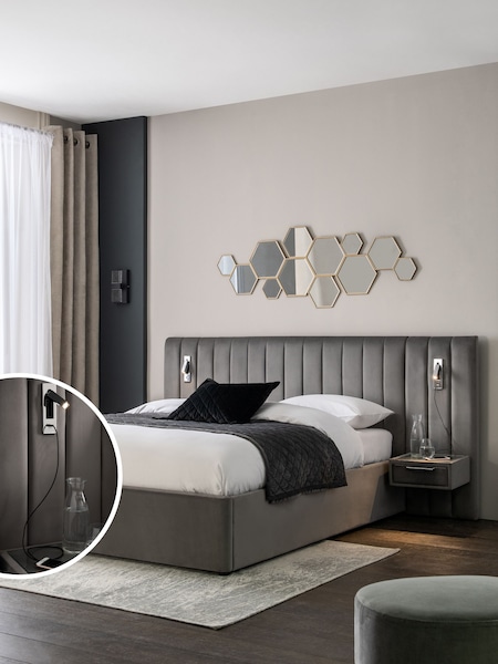 Opulent Velvet Steel Grey Mayfair Upholstered Hotel Bed Frame with Ottoman Storage Bedside Tables and Lights (311083) | €1,500 - €1,750