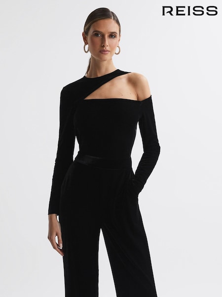 Reiss Black Adele Petite Velvet Off-The-Shoulder Jumpsuit (311375) | €245