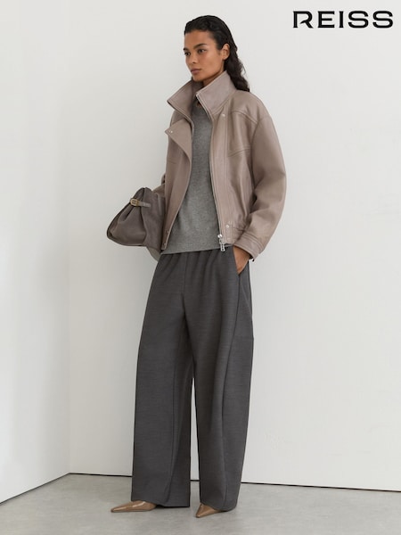 Grey - Reiss Petra Textured Leather Oversized Jacket
