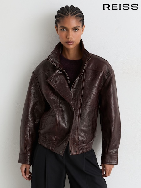 Aubergine - Reiss Petra Textured Leather Oversized Jacket