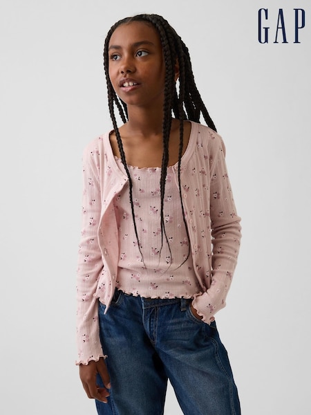 Pink Floral - Gap Pointelle Rib Cardigan (4-13yrs)