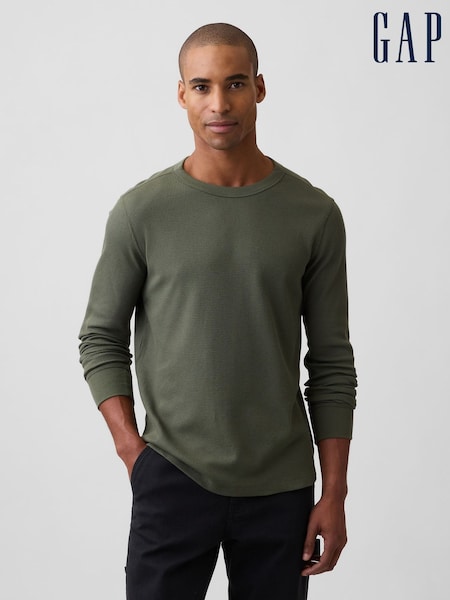 Haki zaļa - Regular Gap Waffle Knit Long Sleeve T-shirt