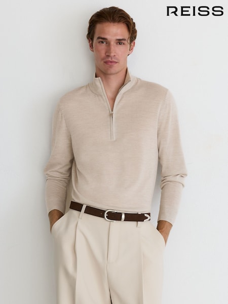 Oatmeal Melange - Regular Reiss Heatherton Ultra-fine Merino Wool Quarter-zip Jumper