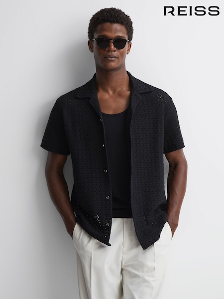 Reiss Black Scorpios Crochet Cuban Collar Button Through T-Shirt (312138) | €45
