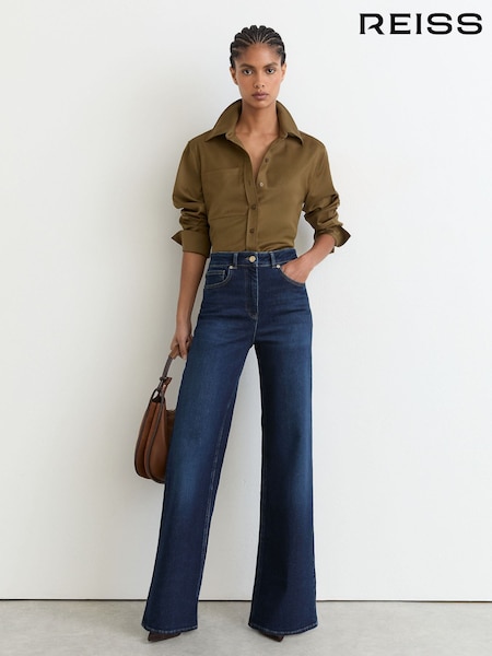 Ciemnoniebieski - Reiss Jas Cotton-modal Wide-leg Jeans