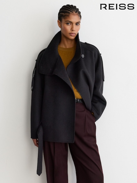 Black - Reiss Lea Wool-blend Funnel-neck Blindseam Coat